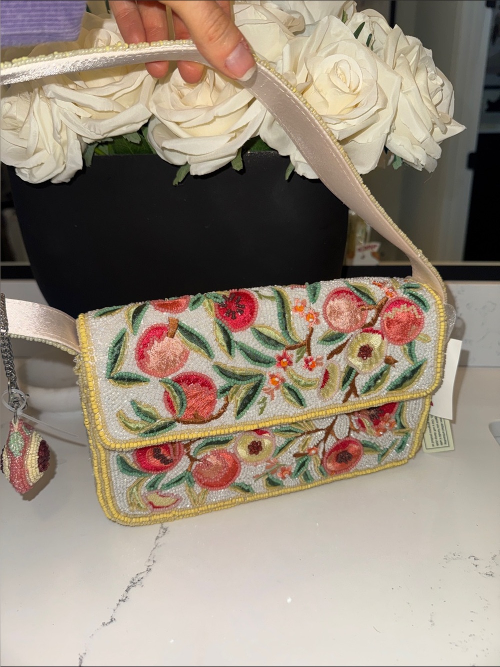 Viral Beaded Floral Crossbody Bag in Cream and orange